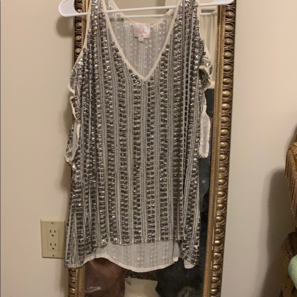 PARKER Beaded Silk Cold Shoulder Top